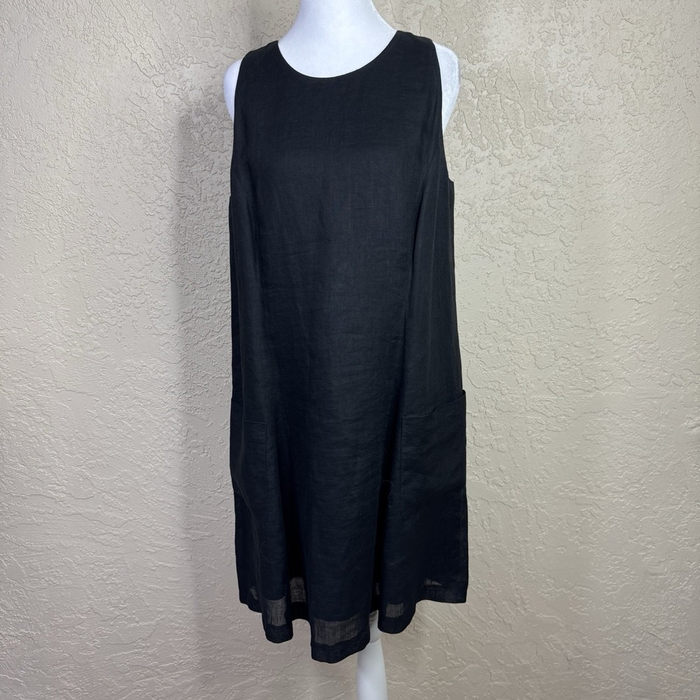 Linda Allard Ellen Tracy Linen Shift Dress Size 8 Sleeveless Black Lagenlook‎